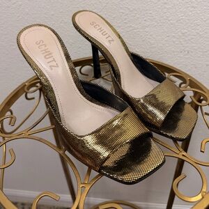 SCHUTZ Metallic Gold Cloe Stiletto Square Open-Toe Mule Heel Size 5.5